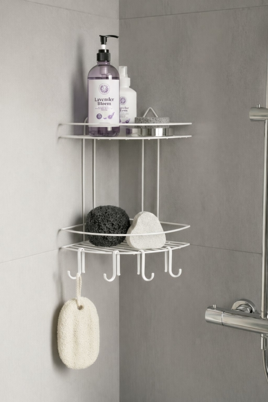 Banyo Köşe Rafı Askılı Duş Organizeri ve Şampuanlık 2 Katlı Beyaz EK-02 - 3