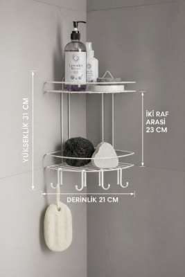 Banyo Köşe Rafı Askılı Duş Organizeri ve Şampuanlık 2 Katlı Beyaz EK-02 - 7