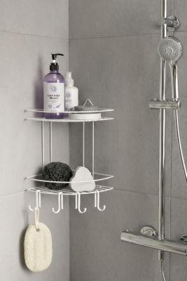 Banyo Köşe Rafı Askılı Duş Organizeri ve Şampuanlık 2 Katlı Beyaz EK-02 - Sas Haus