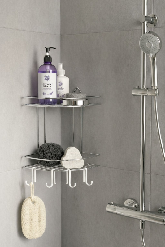Banyo Köşe Rafı Askılı Duş Organizeri ve Şampuanlık 2 Katlı Krom EK-02 - 1