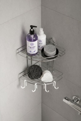 Banyo Köşe Rafı Askılı Duş Organizeri ve Şampuanlık 2 Katlı Krom EK-02 - 2