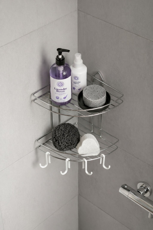 Banyo Köşe Rafı Askılı Duş Organizeri ve Şampuanlık 2 Katlı Krom EK-02 - 2