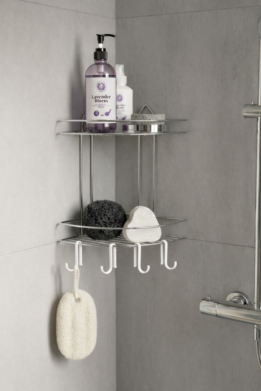 Banyo Köşe Rafı Askılı Duş Organizeri ve Şampuanlık 2 Katlı Krom EK-02 - 3