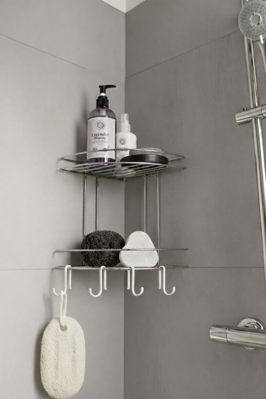 Banyo Köşe Rafı Askılı Duş Organizeri ve Şampuanlık 2 Katlı Krom EK-02 - 4