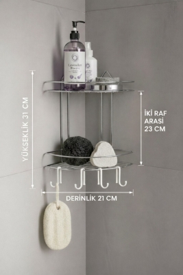 Banyo Köşe Rafı Askılı Duş Organizeri ve Şampuanlık 2 Katlı Krom EK-02 - 7