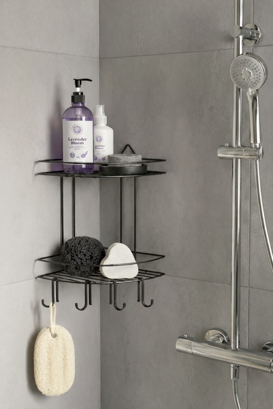 Banyo Köşe Rafı Askılı Duş Organizeri ve Şampuanlık 2 Katlı Siyah EK-02 - 1