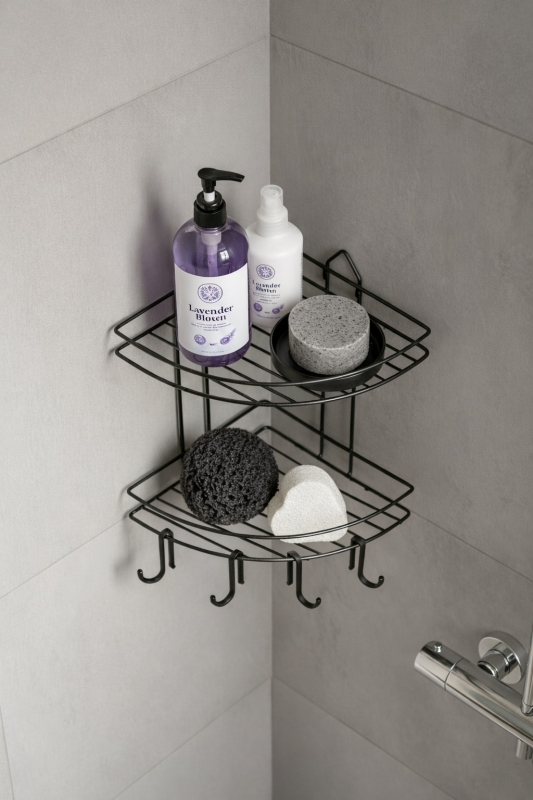 Banyo Köşe Rafı Askılı Duş Organizeri ve Şampuanlık 2 Katlı Siyah EK-02 - 2