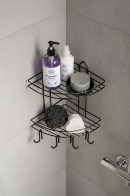 Banyo Köşe Rafı Askılı Duş Organizeri ve Şampuanlık 2 Katlı Siyah EK-02 - 2