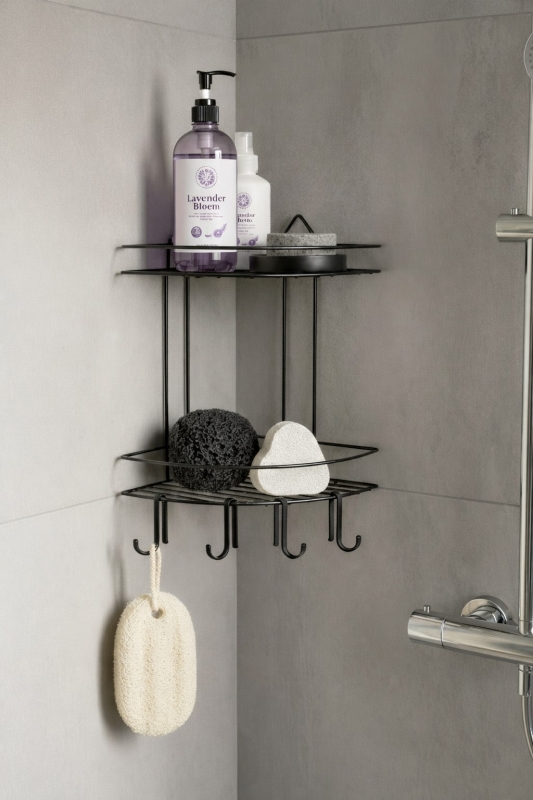 Banyo Köşe Rafı Askılı Duş Organizeri ve Şampuanlık 2 Katlı Siyah EK-02 - 3