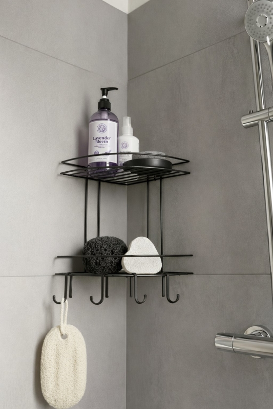 Banyo Köşe Rafı Askılı Duş Organizeri ve Şampuanlık 2 Katlı Siyah EK-02 - 4