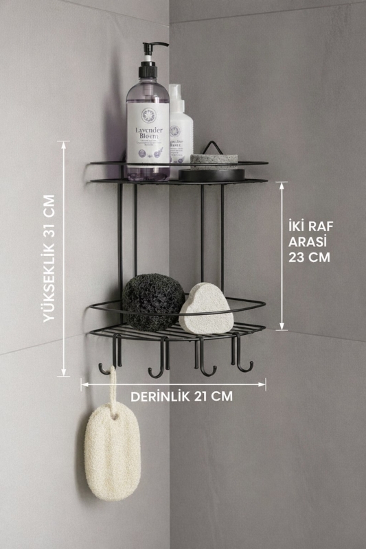 Banyo Köşe Rafı Askılı Duş Organizeri ve Şampuanlık 2 Katlı Siyah EK-02 - 7