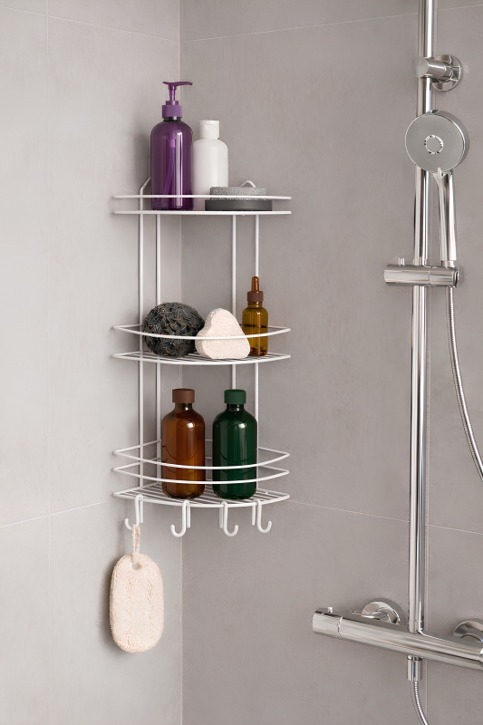 Banyo Köşe Rafı Askılı Duş Organizeri ve Şampuanlık 3 Katlı Beyaz EK-03 - 1