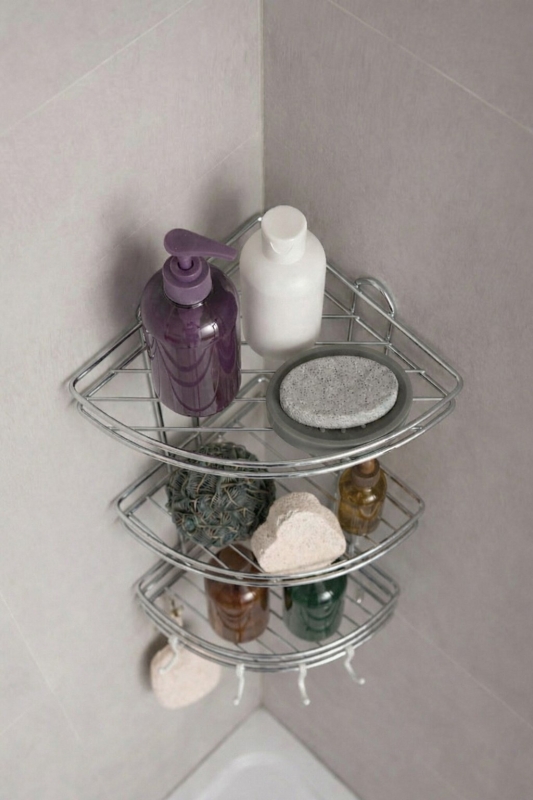 Banyo Köşe Rafı Askılı Duş Organizeri ve Şampuanlık 3 Katlı Beyaz EK-03 - 2