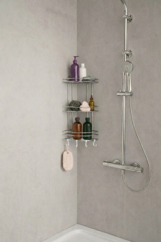 Banyo Köşe Rafı Askılı Duş Organizeri ve Şampuanlık 3 Katlı Beyaz EK-03 - 6