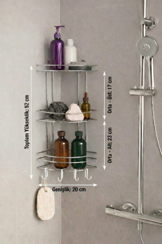 Banyo Köşe Rafı Askılı Duş Organizeri ve Şampuanlık 3 Katlı Beyaz EK-03 - 7