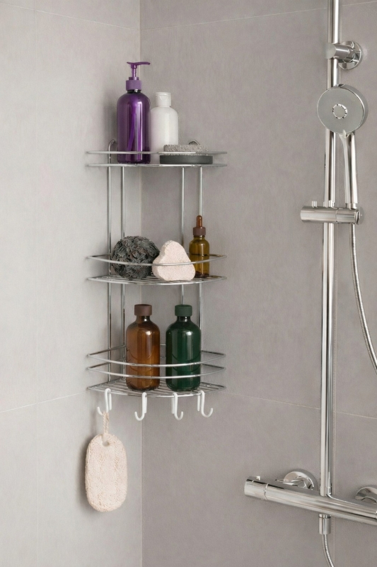 Banyo Köşe Rafı Askılı Duş Organizeri ve Şampuanlık 3 Katlı Krom EK-03 - 1