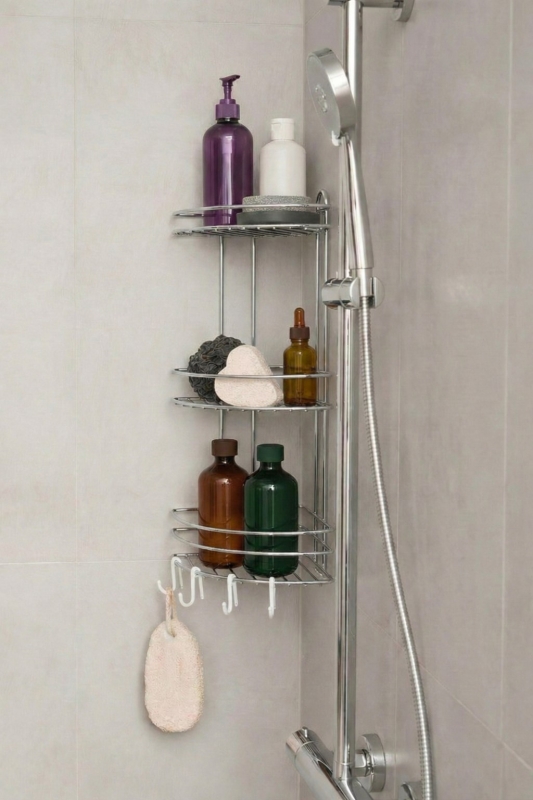 Banyo Köşe Rafı Askılı Duş Organizeri ve Şampuanlık 3 Katlı Krom EK-03 - 5