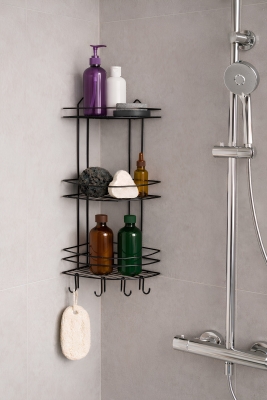 Banyo Köşe Rafı Askılı Duş Organizeri ve Şampuanlık 3 Katlı Siyah EK-03 - Sas Haus