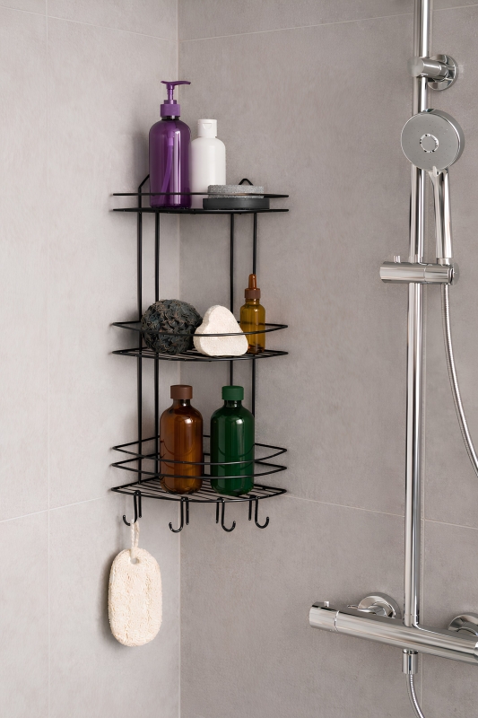 Banyo Köşe Rafı Askılı Duş Organizeri ve Şampuanlık 3 Katlı Siyah EK-03 - 1