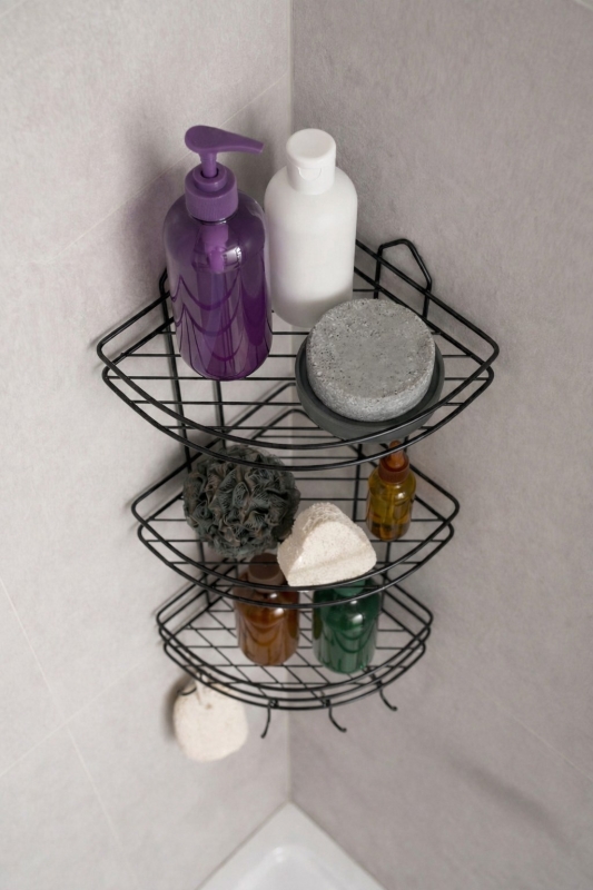 Banyo Köşe Rafı Askılı Duş Organizeri ve Şampuanlık 3 Katlı Siyah EK-03 - 2