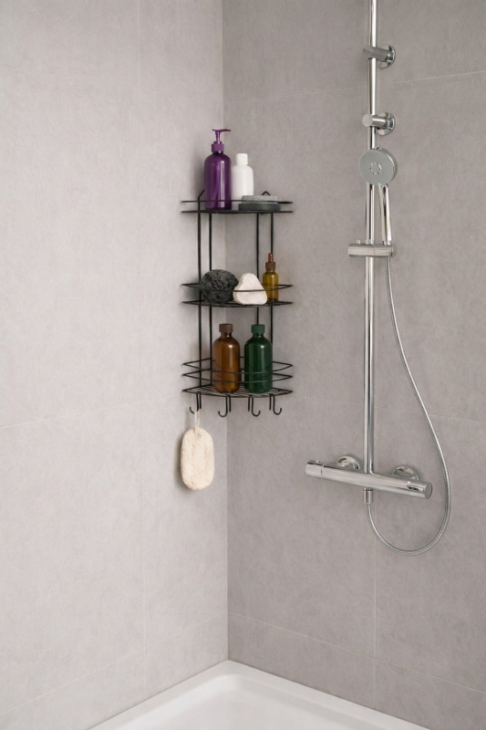 Banyo Köşe Rafı Askılı Duş Organizeri ve Şampuanlık 3 Katlı Siyah EK-03 - 6
