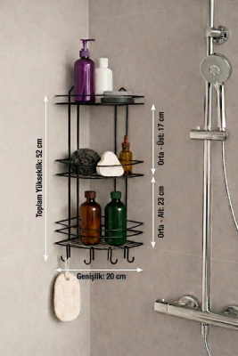 Banyo Köşe Rafı Askılı Duş Organizeri ve Şampuanlık 3 Katlı Siyah EK-03 - 7