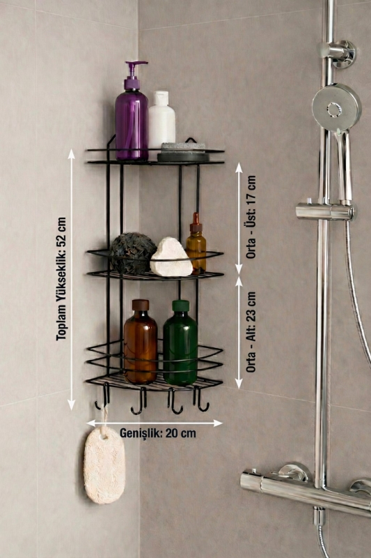 Banyo Köşe Rafı Askılı Duş Organizeri ve Şampuanlık 3 Katlı Siyah EK-03 - 7