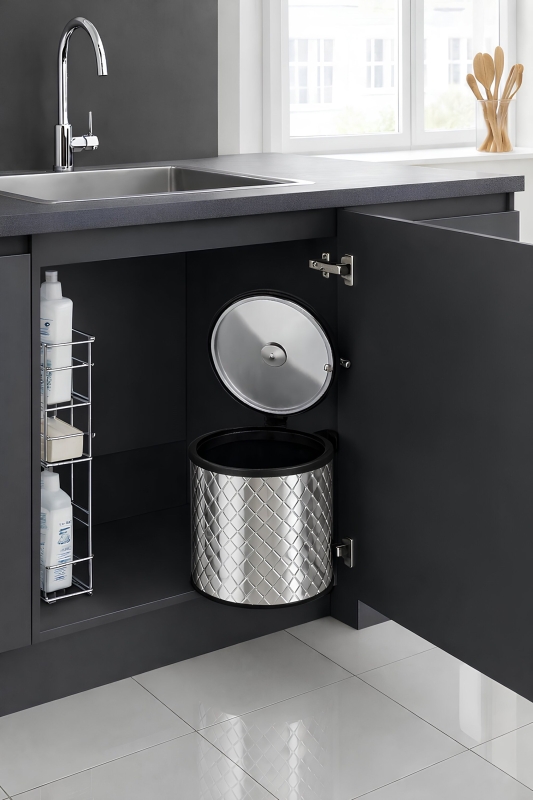 Banyo, Mutfak Dolabı İçi 11 Litre Metal Çöp Kovası – Krom Tezgah Altı Çöp Kovası Kare Desenli - 1