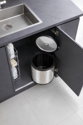 Banyo, Mutfak Dolabı İçi 11 Litre Metal Çöp Kovası – Krom Tezgah Altı Çöp Kovası Kare Desenli - 2