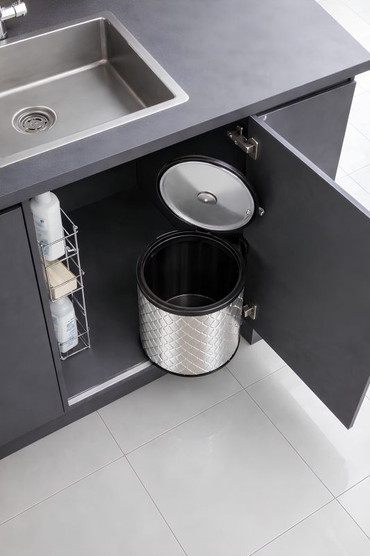 Banyo, Mutfak Dolabı İçi 11 Litre Metal Çöp Kovası – Krom Tezgah Altı Çöp Kovası Kare Desenli - 2