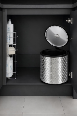 Banyo, Mutfak Dolabı İçi 11 Litre Metal Çöp Kovası – Krom Tezgah Altı Çöp Kovası Kare Desenli - 3