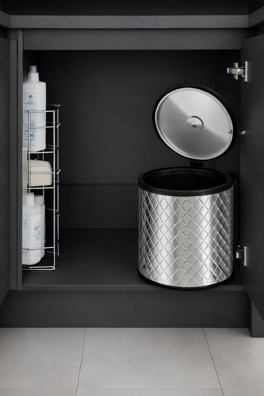Banyo, Mutfak Dolabı İçi 11 Litre Metal Çöp Kovası – Krom Tezgah Altı Çöp Kovası Kare Desenli - 3