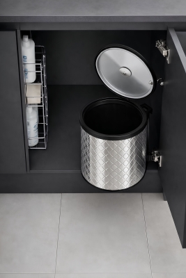 Banyo, Mutfak Dolabı İçi 11 Litre Metal Çöp Kovası – Krom Tezgah Altı Çöp Kovası Kare Desenli - 4