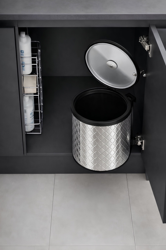 Banyo, Mutfak Dolabı İçi 11 Litre Metal Çöp Kovası – Krom Tezgah Altı Çöp Kovası Kare Desenli - 4