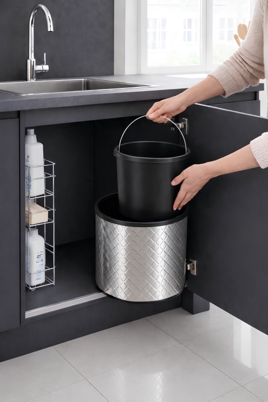 Banyo, Mutfak Dolabı İçi 11 Litre Metal Çöp Kovası – Krom Tezgah Altı Çöp Kovası Kare Desenli - 6
