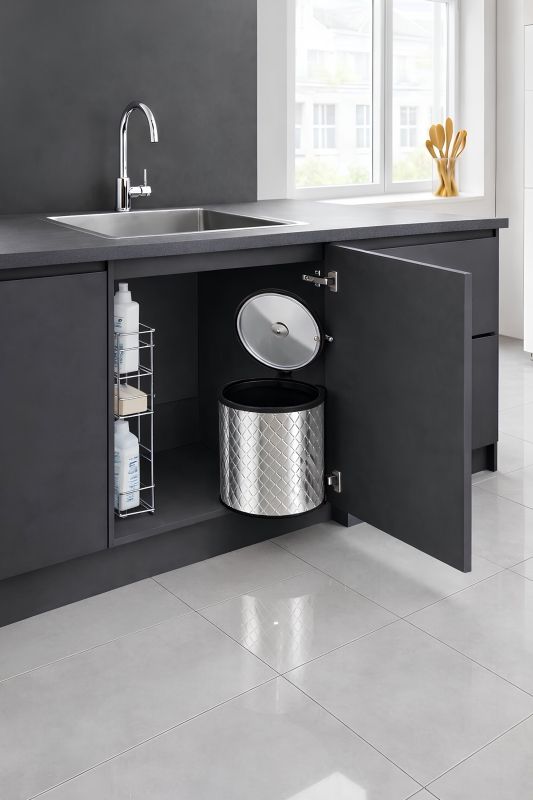 Banyo, Mutfak Dolabı İçi 11 Litre Metal Çöp Kovası – Krom Tezgah Altı Çöp Kovası Kare Desenli - 7