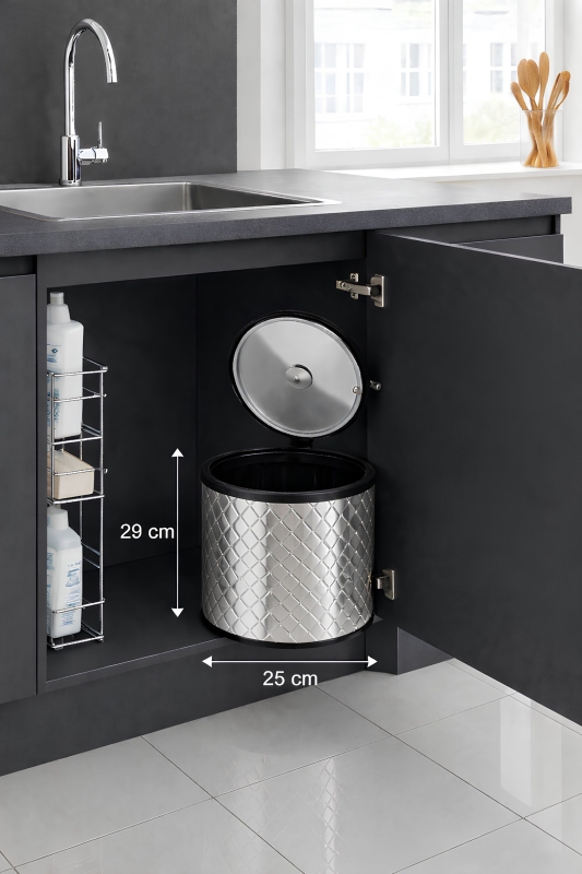 Banyo, Mutfak Dolabı İçi 11 Litre Metal Çöp Kovası – Krom Tezgah Altı Çöp Kovası Kare Desenli - 8