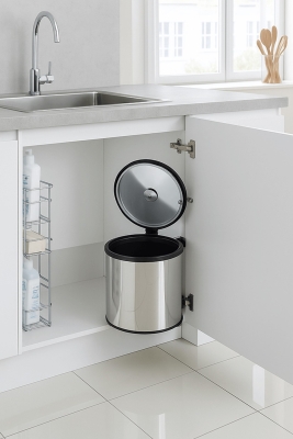 Banyo, Mutfak Dolabı İçi 11 Litre Metal Çöp Kovası – Krom, Tüm Dolaplara Uyumlu - 1