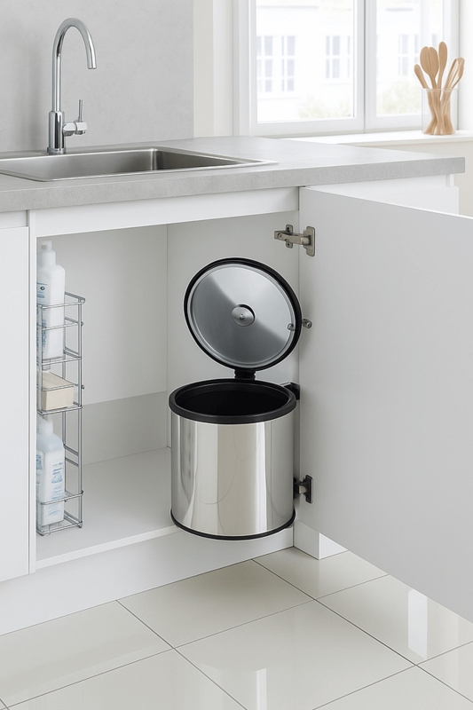 Banyo, Mutfak Dolabı İçi 11 Litre Metal Çöp Kovası – Krom, Tüm Dolaplara Uyumlu - 1