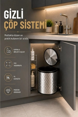 Banyo, Mutfak Dolabı İçi 11 Litre Metal Çöp Kovası – Krom, Tüm Dolaplara Uyumlu - Sas Haus