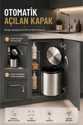 Banyo, Mutfak Dolabı İçi 11 Litre Metal Çöp Kovası – Krom, Tüm Dolaplara Uyumlu - 2