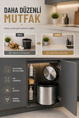 Banyo, Mutfak Dolabı İçi 11 Litre Metal Çöp Kovası – Krom, Tüm Dolaplara Uyumlu - 3