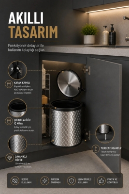 Banyo, Mutfak Dolabı İçi 11 Litre Metal Çöp Kovası – Krom, Tüm Dolaplara Uyumlu - 4