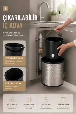 Banyo, Mutfak Dolabı İçi 11 Litre Metal Çöp Kovası – Krom, Tüm Dolaplara Uyumlu - 5