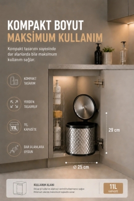 Banyo, Mutfak Dolabı İçi 11 Litre Metal Çöp Kovası – Krom, Tüm Dolaplara Uyumlu - 6