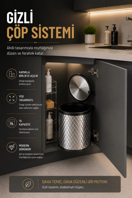 Banyo, Mutfak Dolabı İçi 11 Litre Metal Çöp Kovası – Krom, Tüm Dolaplara Uyumlu - 7