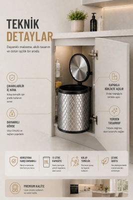 Banyo, Mutfak Dolabı İçi 11 Litre Metal Çöp Kovası – Krom, Tüm Dolaplara Uyumlu - 8