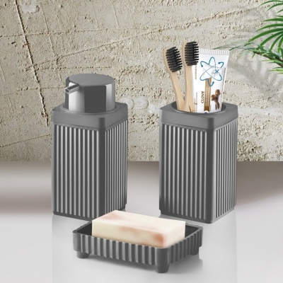 Açık Gri 3'lü Banyo Takımı Seti, Diş Fırçalık,Sıvı Sabunluk, Katı Sabunluk Banyo Seti - Sas Haus