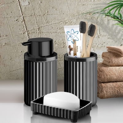 Siyah 3'lü Banyo Takımı Diş Fırçalık, Sıvı Sabunluk, Katı Sabunluk Banyo, Tuvalet Seti - 1