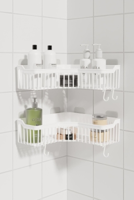 Banyor Beyaz Köşe Yapışkanlı Banyo Rafı - 2'li Duvar Şampuanlık, Düzenleyici ve Organizer - 1